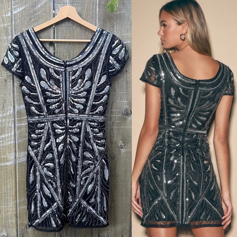 Black and Silver Beaded and Silver Bodycon Mini Dress 🌿 - Picture 3 of 12